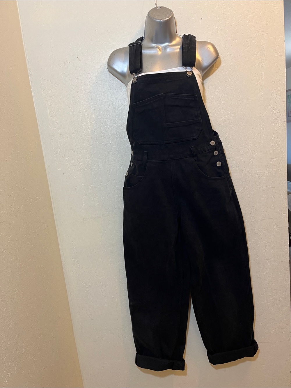 John Galt  Black Denim wide Leg Overalls